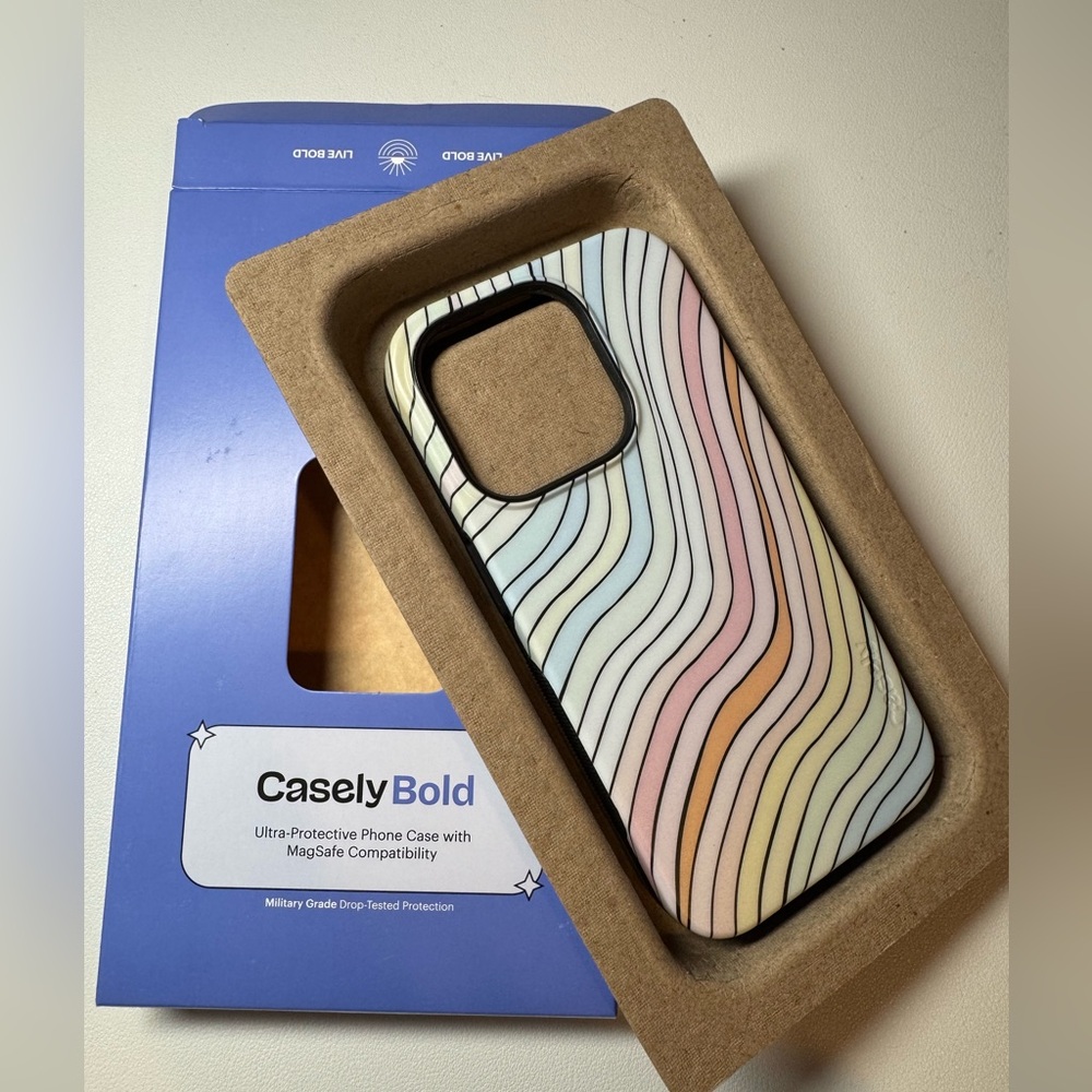 New In Box: Casely IPhone 15 Pro Bold + Mag Safe Case- Rainbow Pastels
